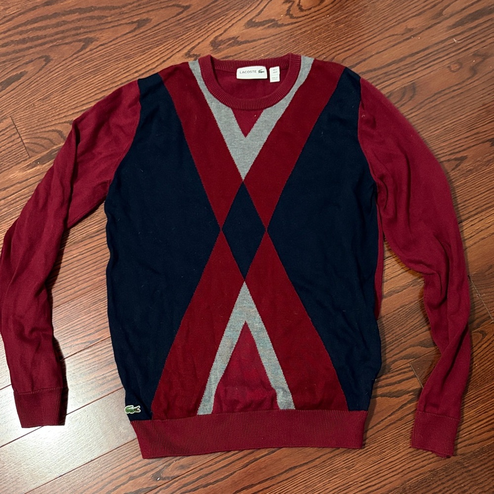 Lacoste Men’s Burgundy, Navy & Gray Argyle Crewneck Sweater